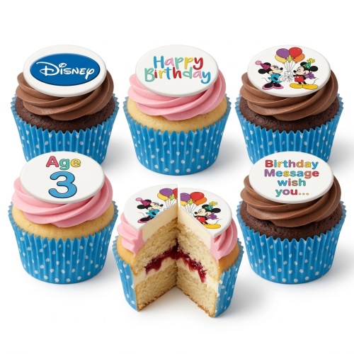A set of Disney Mickey and Minnie Mouse birthday cupcakes with custom age and message toppers.