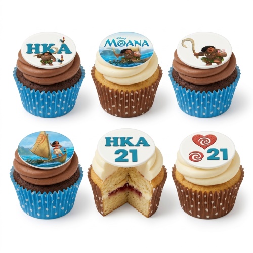 Six Disney Moana themed cupcakes with character and logo edible toppers, including custom age and initial examples.