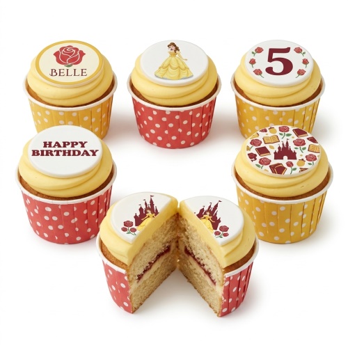 Belle and Beauty and the Beast themed birthday cupcakes with yellow frosting and red polka dot wrappers.