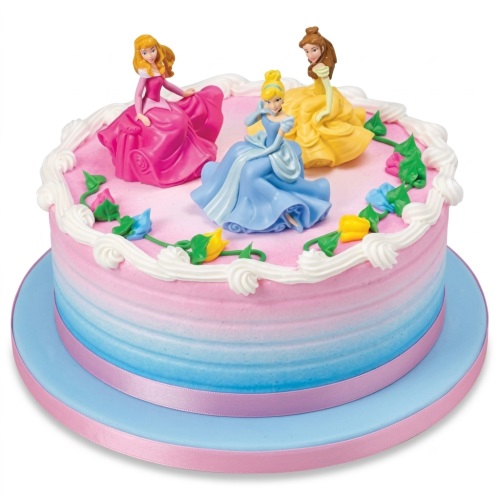 Round pink and blue ombre Disney Princess birthday cake with Cinderella, Aurora, and Belle figurines.