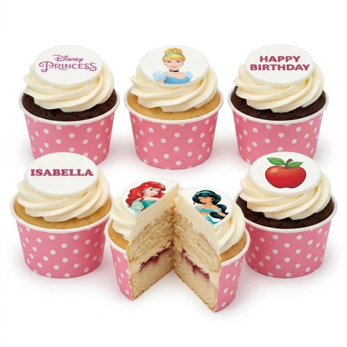 Six Disney Princess themed cupcakes with white frosting, pink polka dot wrappers, and edible character toppers.