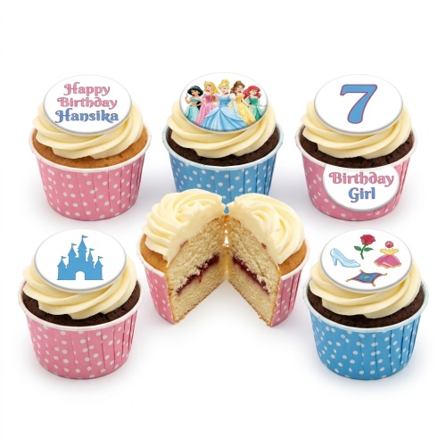 Assortment of Disney Princess themed cupcakes with castle, princess characters, and custom age topper.