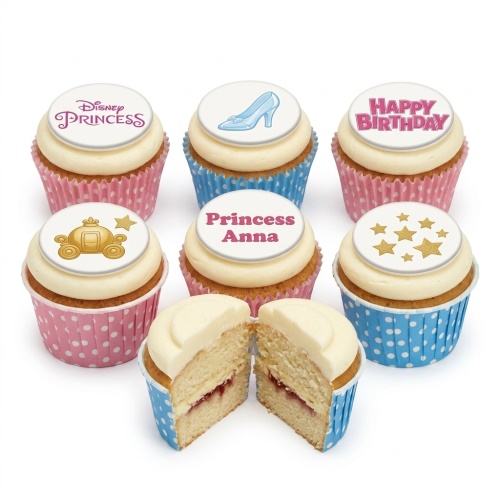 Disney Princess themed cupcakes with glass slipper, golden carriage, and stars, some with 'Happy Birthday' and custom name examples.