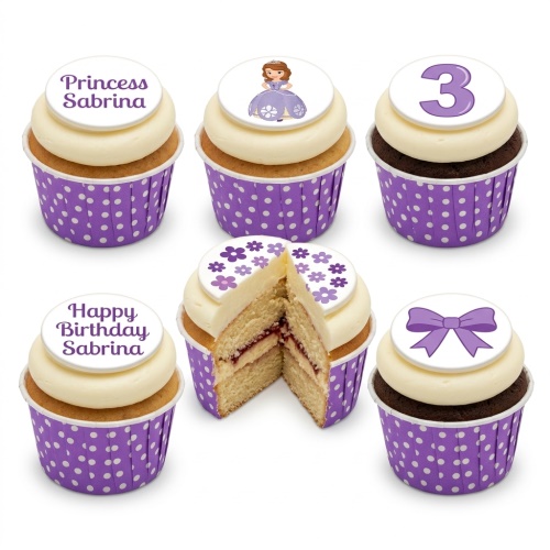 Vanilla and chocolate cupcakes with white frosting, purple polka dot cases, and edible toppers featuring Princess Sofia, purple bows, purple flowers, and custom age/name options.