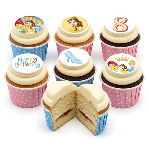 Assorted Disney Princess cupcakes with Belle, Ariel, Cinderella, glass slipper, crown, "Happy Birthday" message, and custom age topper.