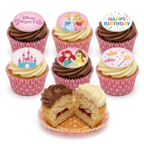 Disney Princess themed cupcakes with Cinderella, Ariel, Belle, Aurora, castle, crown, and 'Happy Birthday' toppers.