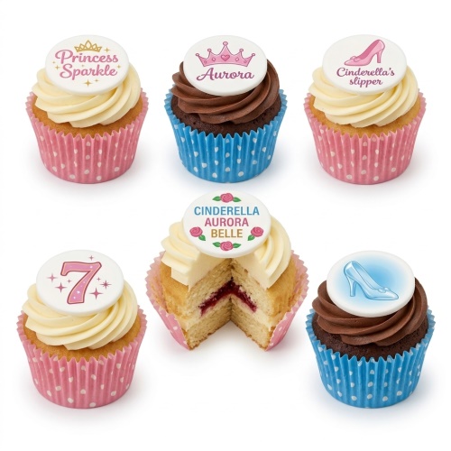 A set of six princess-themed cupcakes with crowns, a glass slipper, and a custom age topper.