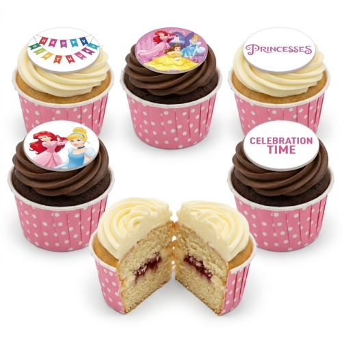 Disney Princess themed cupcakes with vanilla and chocolate icing, pink polka dot wrappers, and "Happy Birthday" and "Princesses" toppers.