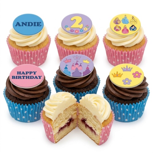 Assorted princess themed birthday cupcakes with custom age and name toppers.