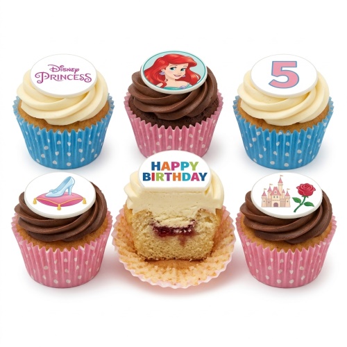 Six Disney Princess cupcakes with Ariel, castle, high heel, and custom age topper.