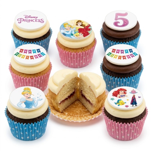 Assortment of Disney Princess themed birthday cupcakes with various princess toppers, a 'Happy Birthday' banner, and a custom age number 5.