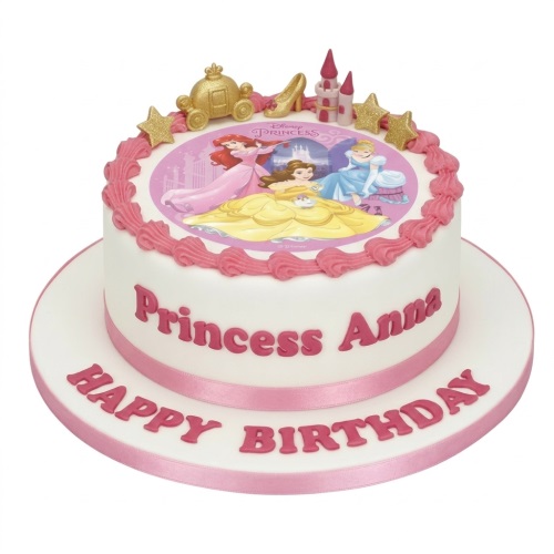Round white cake with Disney Princess edible image, pink icing, gold carriage, shoe, stars, and castle toppers.