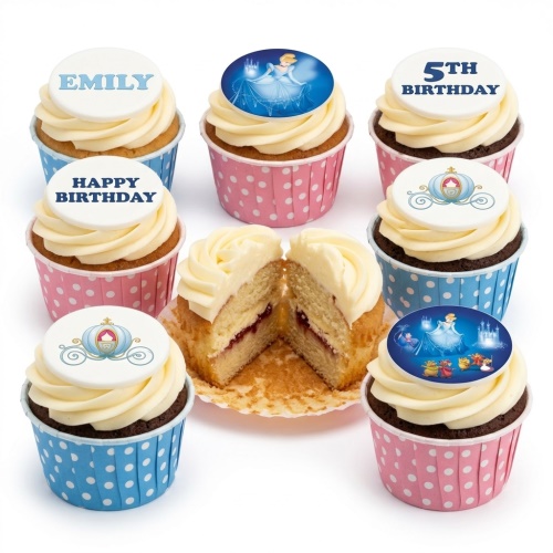 Cinderella themed birthday cupcakes with edible toppers, white frosting, and polka dot cases.