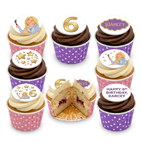 Fairytale princess cupcakes with custom age and name toppers, in pink and purple polka dot cases.