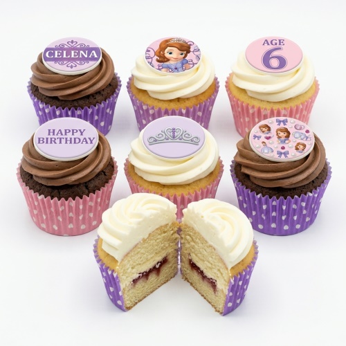 Disney Princess Sofia cupcakes with tiara, custom age, and name toppers