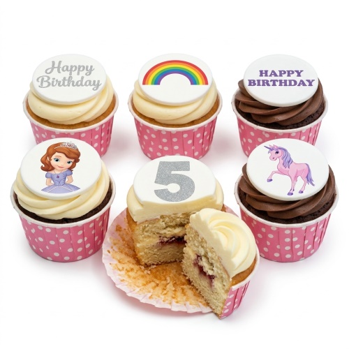 Assortment of girls' birthday cupcakes with Princess Sofia, unicorn, rainbow, and custom age toppers in pink wrappers.