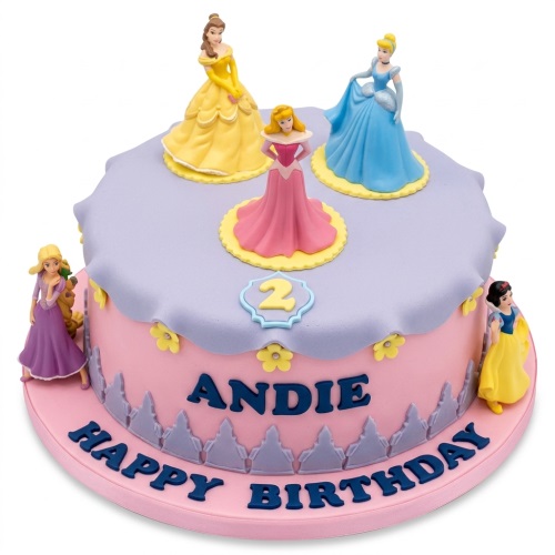 Round pink and purple princess birthday cake with Disney Princess figures and a custom age topper.
