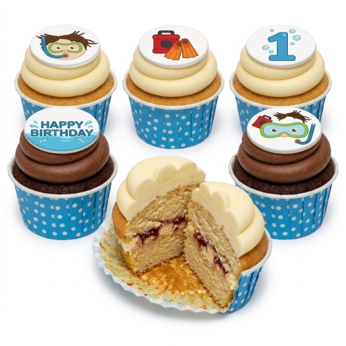 Diving themed cupcakes with snorkelling boy, fins, toolbox, and 'Happy Birthday' edible toppers.