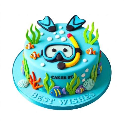 Round blue cake with scuba mask, fins, snorkel, colourful fish, seaweed, coral, and seashells.