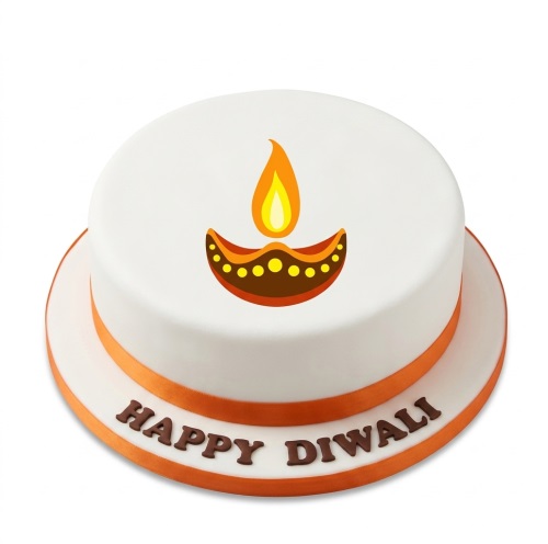 White round cake with orange ribbon and 'Happy Diwali' message, featuring a colourful diya illustration on top.