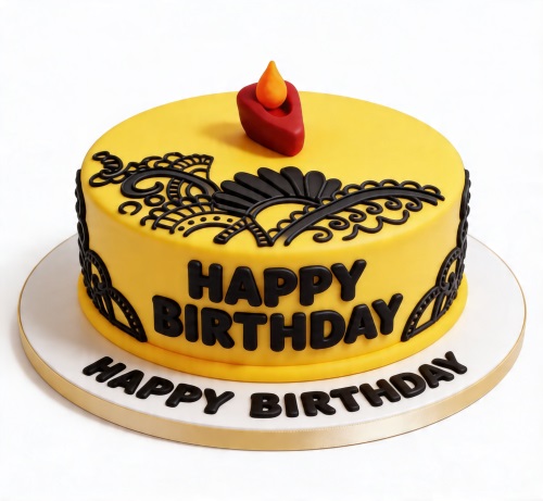 Round yellow birthday cake with black intricate Indian henna-style piping and 'Happy Birthday' message, topped with a red and orange candle.