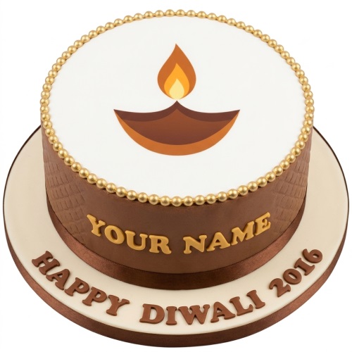 Round brown and white Diwali cake with a Diya lamp design and gold pearl border, featuring a space for a custom name and message.