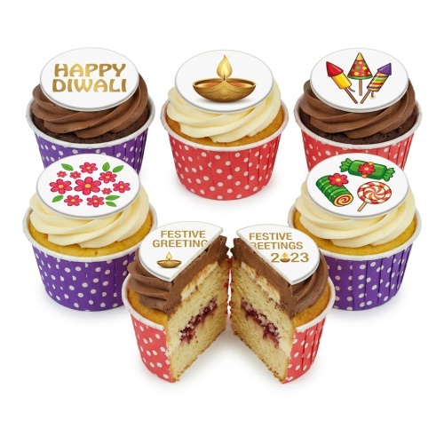 Assortment of Diwali themed cupcakes with edible toppers featuring diyas, fireworks, sweets, and "Happy Diwali" messages.