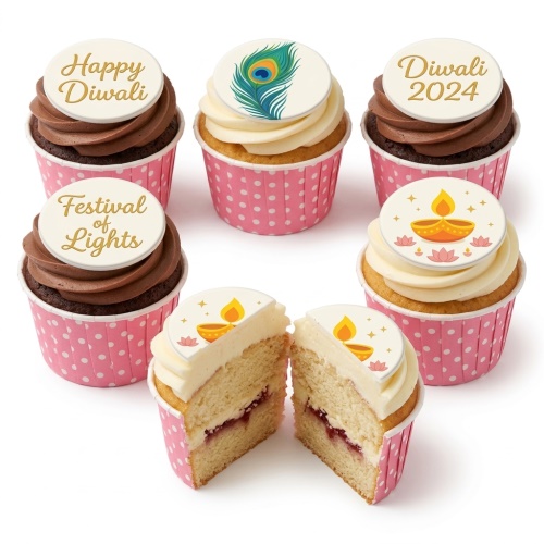 Diwali cupcakes with diya lamp, peacock feather, and "Happy Diwali" edible toppers.