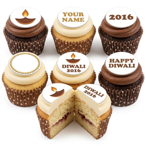 Diwali cupcakes with diya and customisable text toppers, in chocolate and vanilla.
