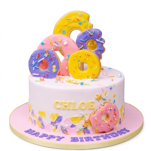 White birthday cake decorated with colourful yellow, purple, and pink doughnuts and sprinkles.