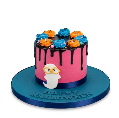 Pink Halloween drip cake with ghost, orange and blue frosting, and 'Happy Halloween' message.