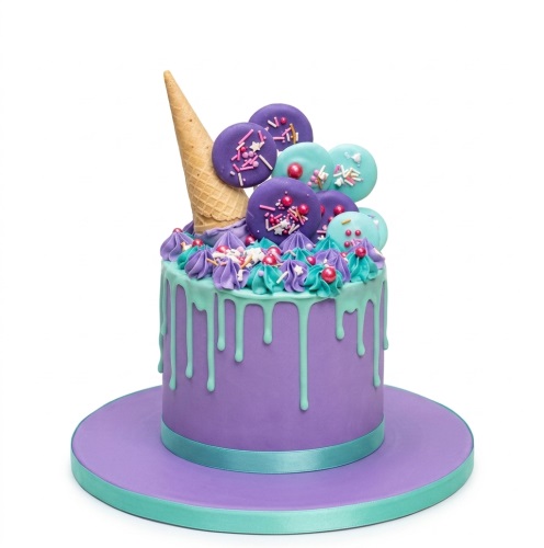 Round purple drip cake with teal icing, an upside-down ice cream cone, and colourful sprinkles.