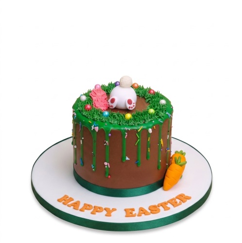 Round brown Easter cake with green drip, bunny bottom, sprinkles, and fondant carrots.
