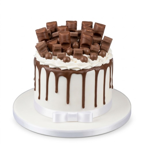Round white cake with chocolate drip, topped with Kinder chocolate bars and chocolate balls.