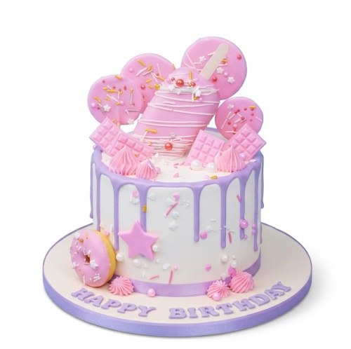 Single-tier white cake with purple drip, topped with pink cake pop, lollipops, chocolate, and a doughnut.