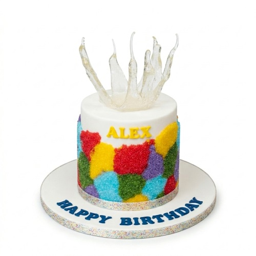 Single-tier white birthday cake with a patchwork of colourful sprinkles and a clear sugar splash topper.