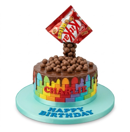 Round chocolate drip cake with rainbow bricks, Kit Kat Bites, and 'Happy Birthday' message.