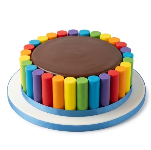 Round birthday cake with rainbow coloured vertical cylinders and a smooth chocolate top.