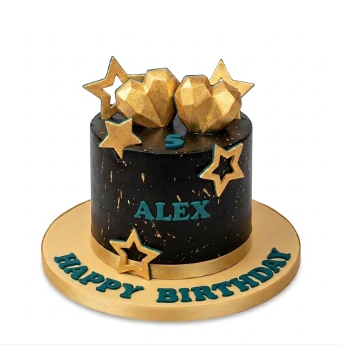 Black birthday cake with gold stars, geometric hearts, and custom age topper.