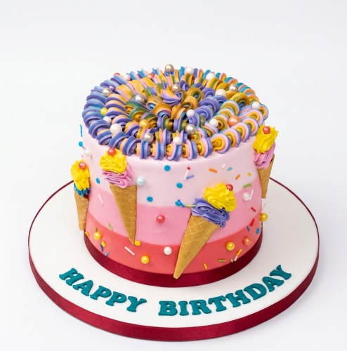 Round birthday cake with pink and red ombre, colourful frosting swirls, sprinkles, and edible ice cream cones.