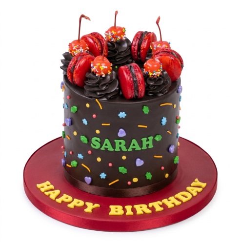 Round birthday cake with dark frosting, topped with red macarons, glazed cherries, and colourful sprinkles. Personalised name and 'Happy Birthday' message.