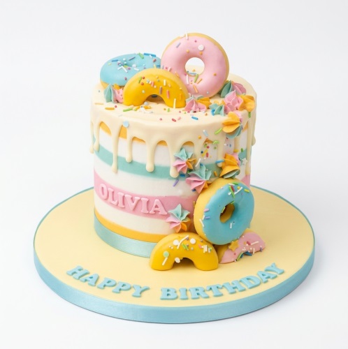 Round single-tier cake with pastel stripes, white drip, miniature donuts, and colourful sprinkles.