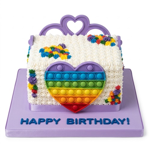 Square white textured buttercream cake with a large rainbow heart Pop It toy and purple crown topper on a purple board with 'Happy Birthday!' message.