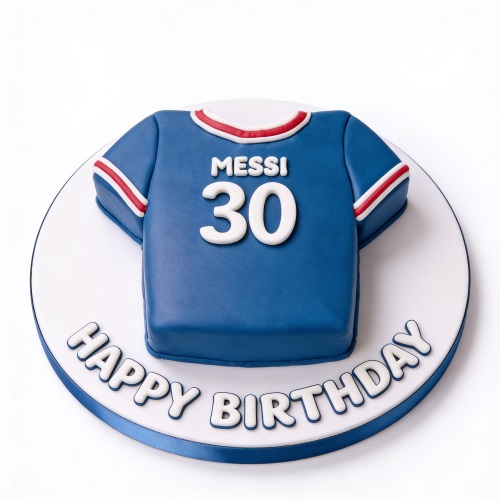 Blue football jersey shaped birthday cake with white and red trim, featuring a custom name and age, on a round white board with 'Happy Birthday' text.