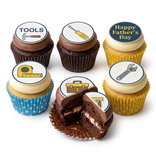 Assortment of Father's Day cupcakes with tool-themed edible toppers and 'Happy Father's Day' message.