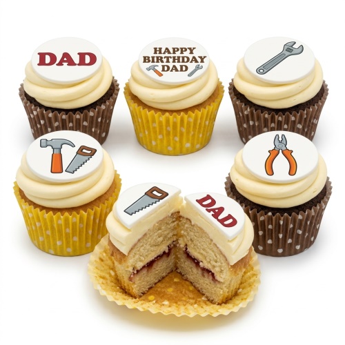 Six cupcakes with white frosting and edible tool-themed toppers, some with 'DAD' and 'Happy Birthday Dad' messages.