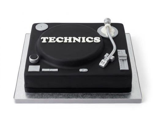 Black square cake designed as a Technics turntable with silver details and white "TECHNICS" lettering.