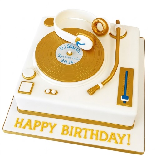 White and gold DJ turntable birthday cake with headphones and a personalised record label.