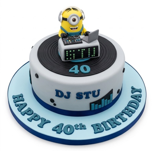 Round Minion DJ birthday cake with vinyl record top, mixing console, laptop, and custom age.