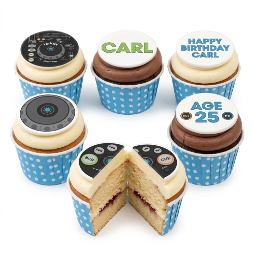 Set of six DJ mixing deck themed birthday cupcakes with custom age and personalised name toppers.